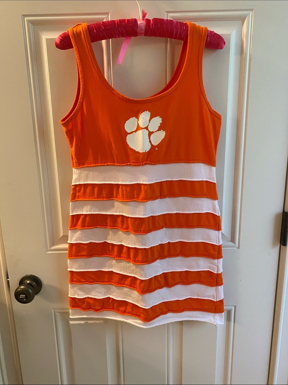 Clemson Juniors Orange and White Striped Tank Mini Dress with Paw Graphic